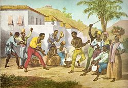 Gravure ancienne : une ronde de personnes autour de deux joueurs de capoeira, au son d'un tambour.